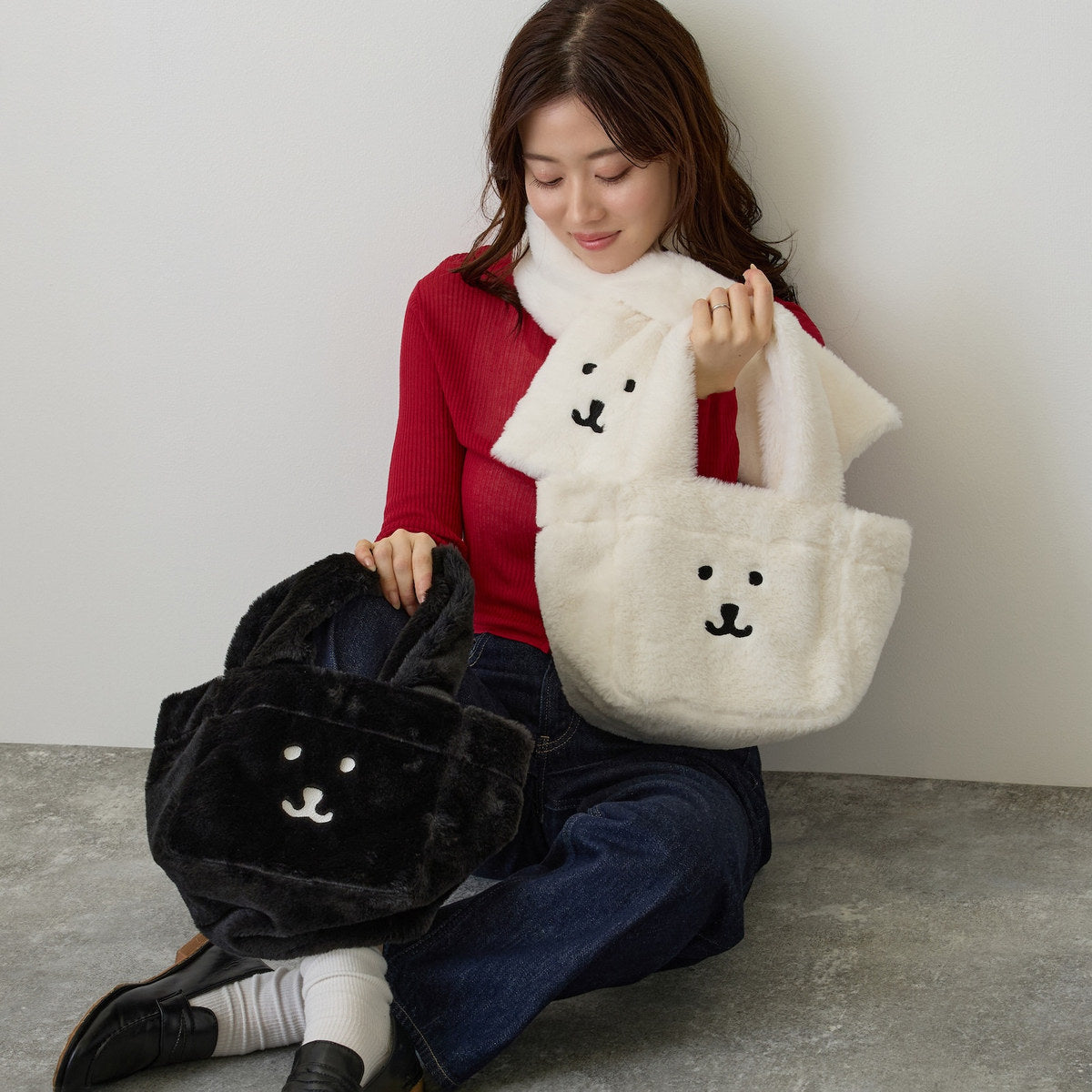 Nagano Characters Fur Tote Bag Joke Bear Face Black