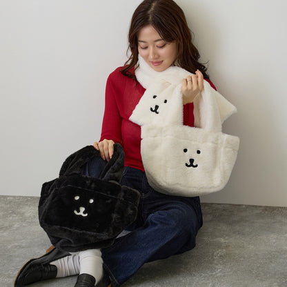 Nagano Characters Fur Tote Bag Joke Bear Face Black