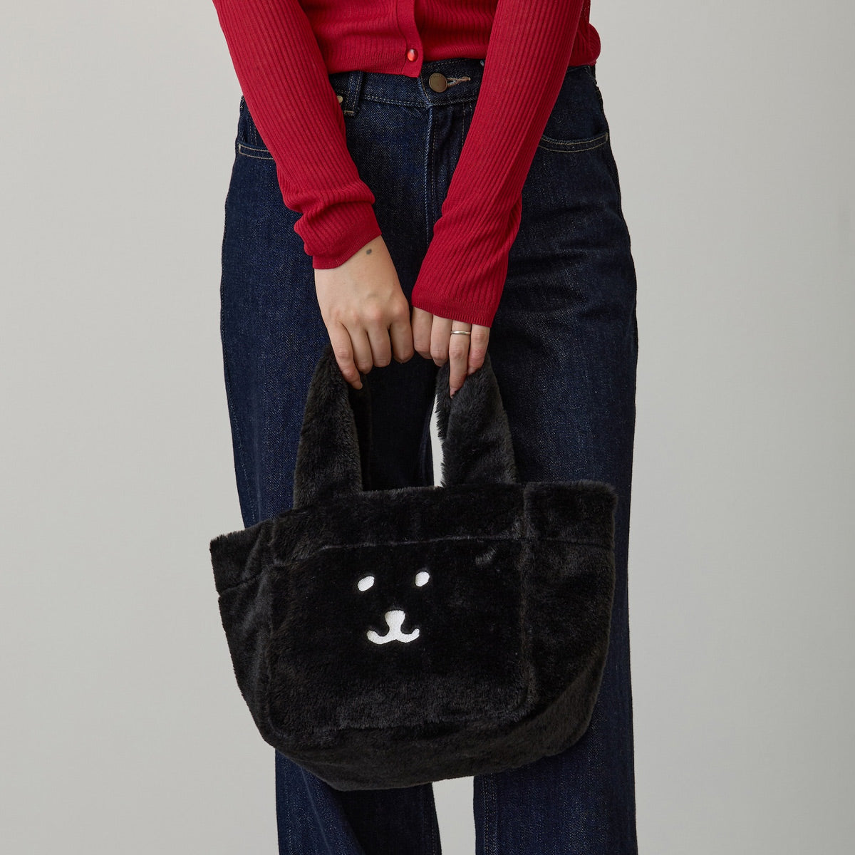 Nagano Characters Fur Tote Bag Joke Bear Face Black