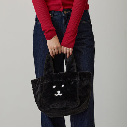 Nagano Characters Fur Tote Bag Joke Bear Face Black