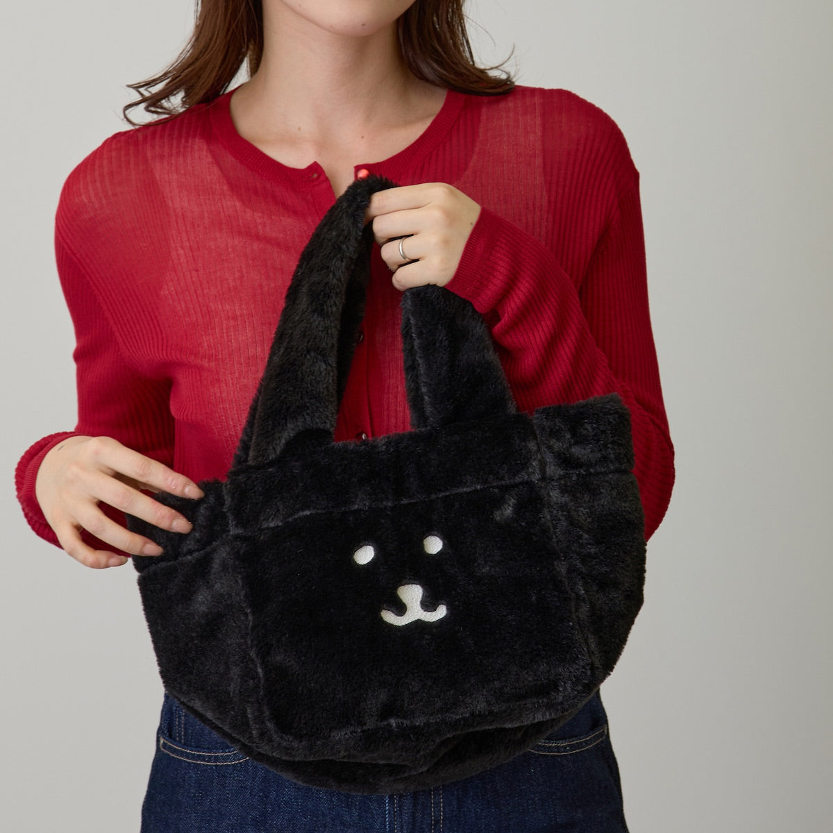 Nagano Characters Fur Tote Bag Joke Bear Face Black