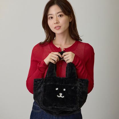 Nagano Characters Fur Tote Bag Joke Bear Face Black