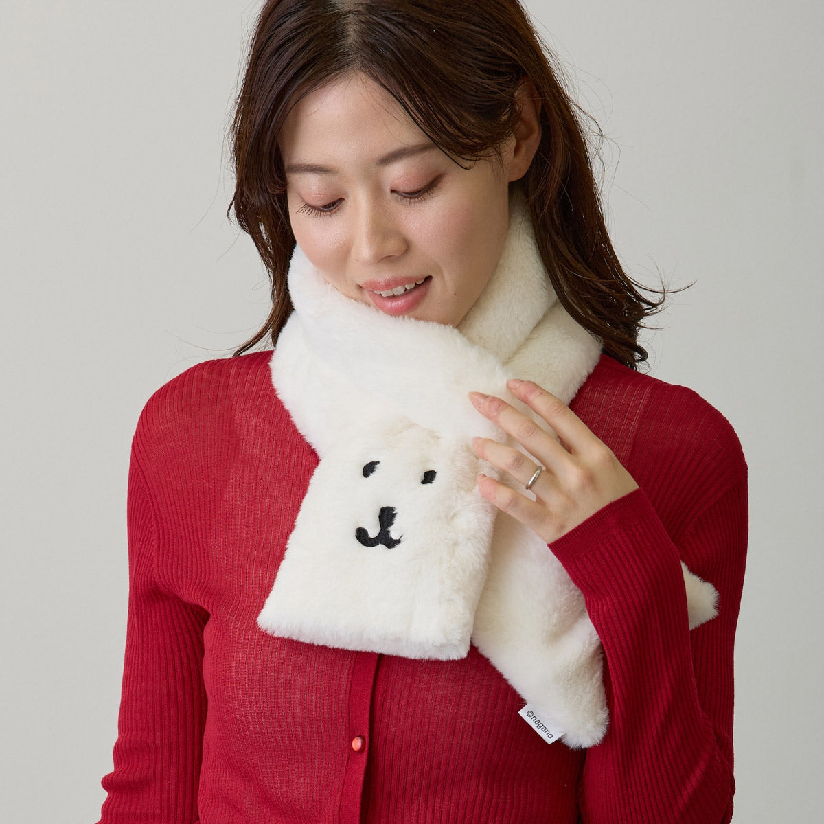 Nagano Characters 毛绒围巾 自嘲熊脸 白色