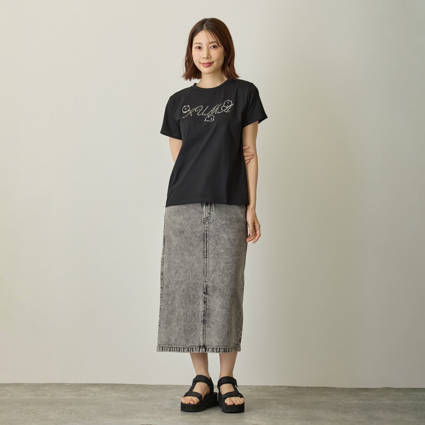 ナガノキャラクターズ ラインストーンTシャツ DECO（くま） ブラック