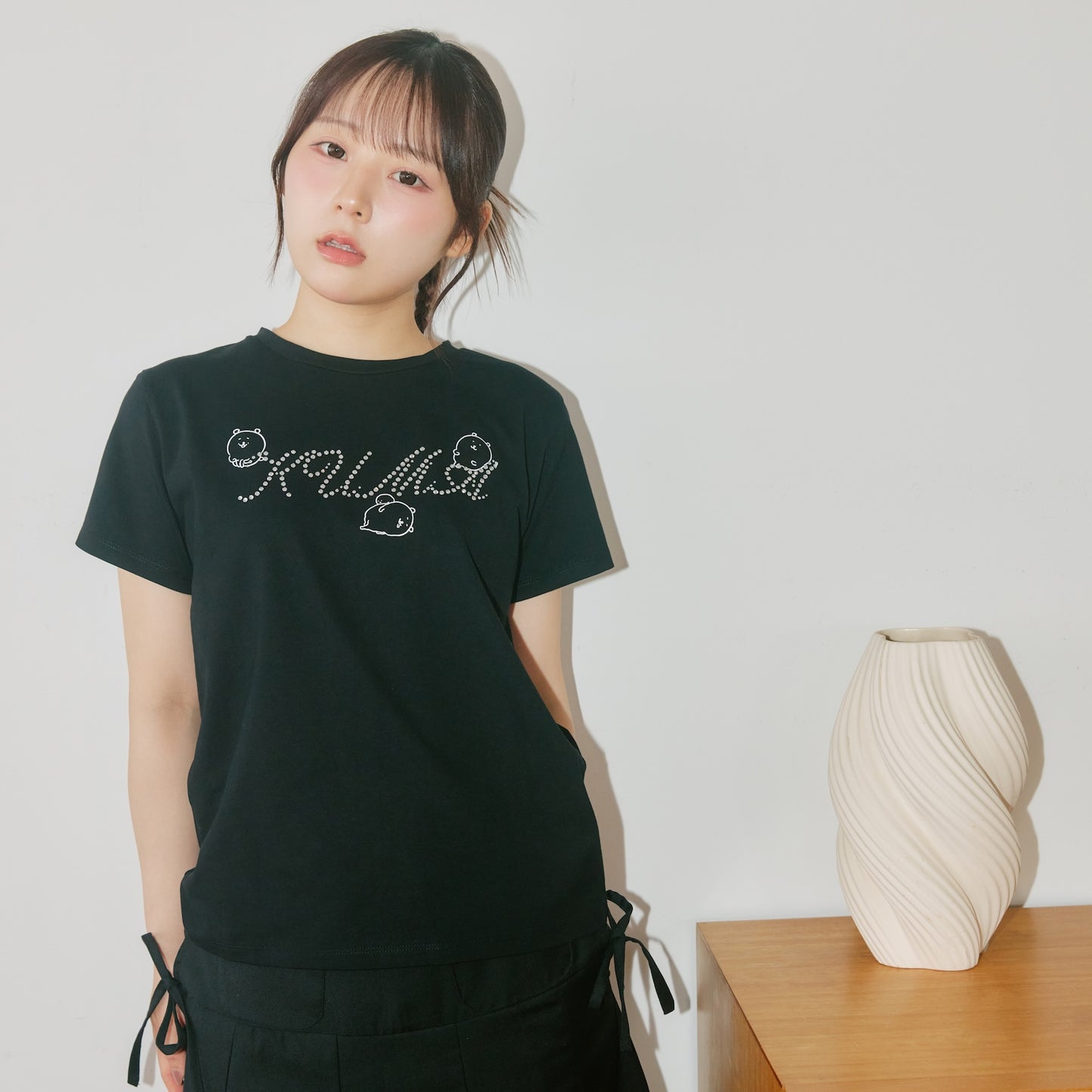 ナガノキャラクターズ ラインストーンTシャツ DECO（くま） ブラック