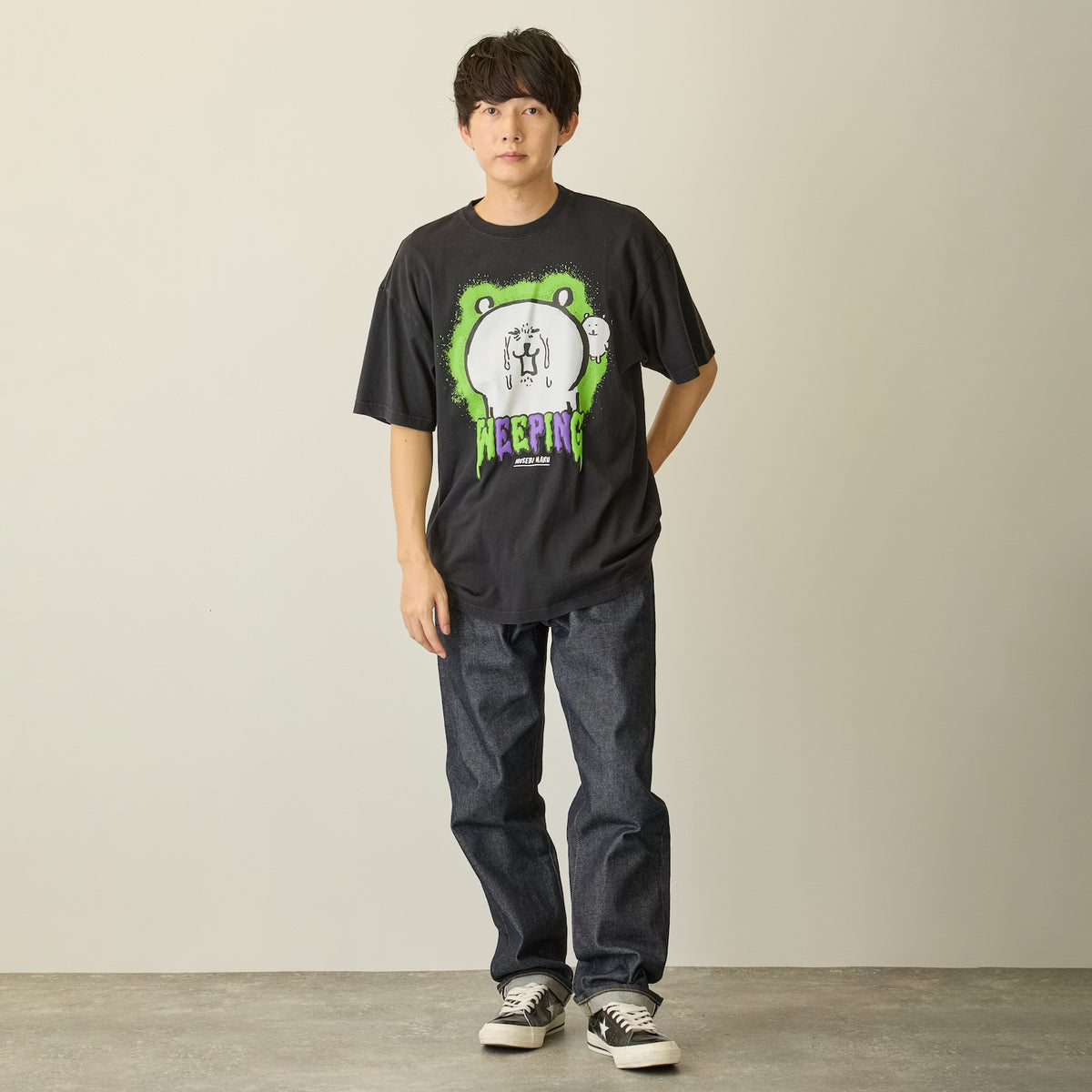Nagano Characters 발포 프린트 T셔츠 오열 블랙 M