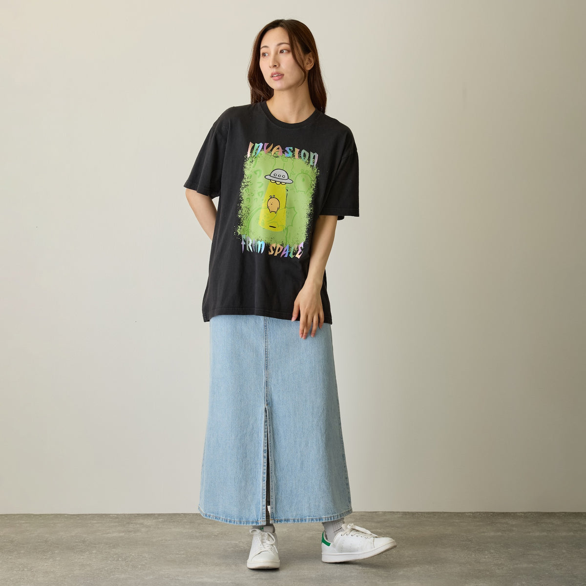 Nagano Characters 박 프린트 T셔츠 두더지고로케 (외계인) 블랙