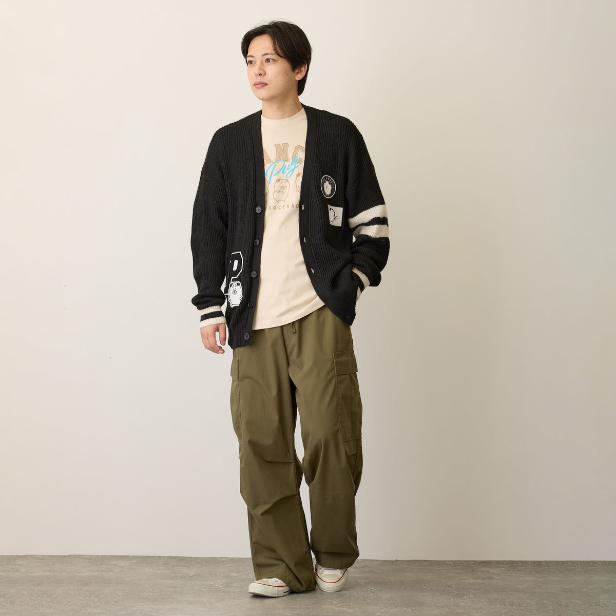 Nagano Characters 니트 가디건 컬리지 퍼그 블랙