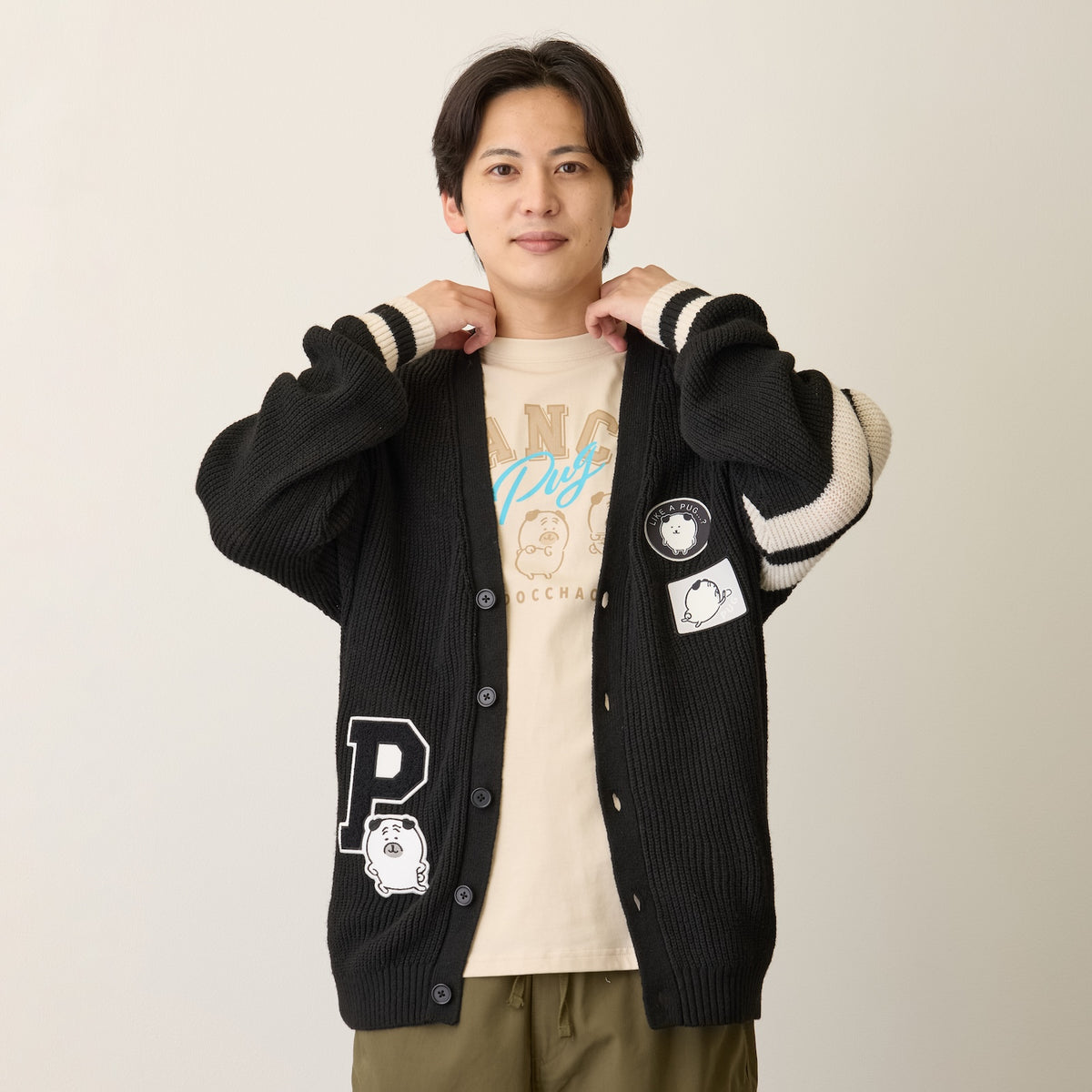 Nagano Characters 니트 가디건 컬리지 퍼그 블랙
