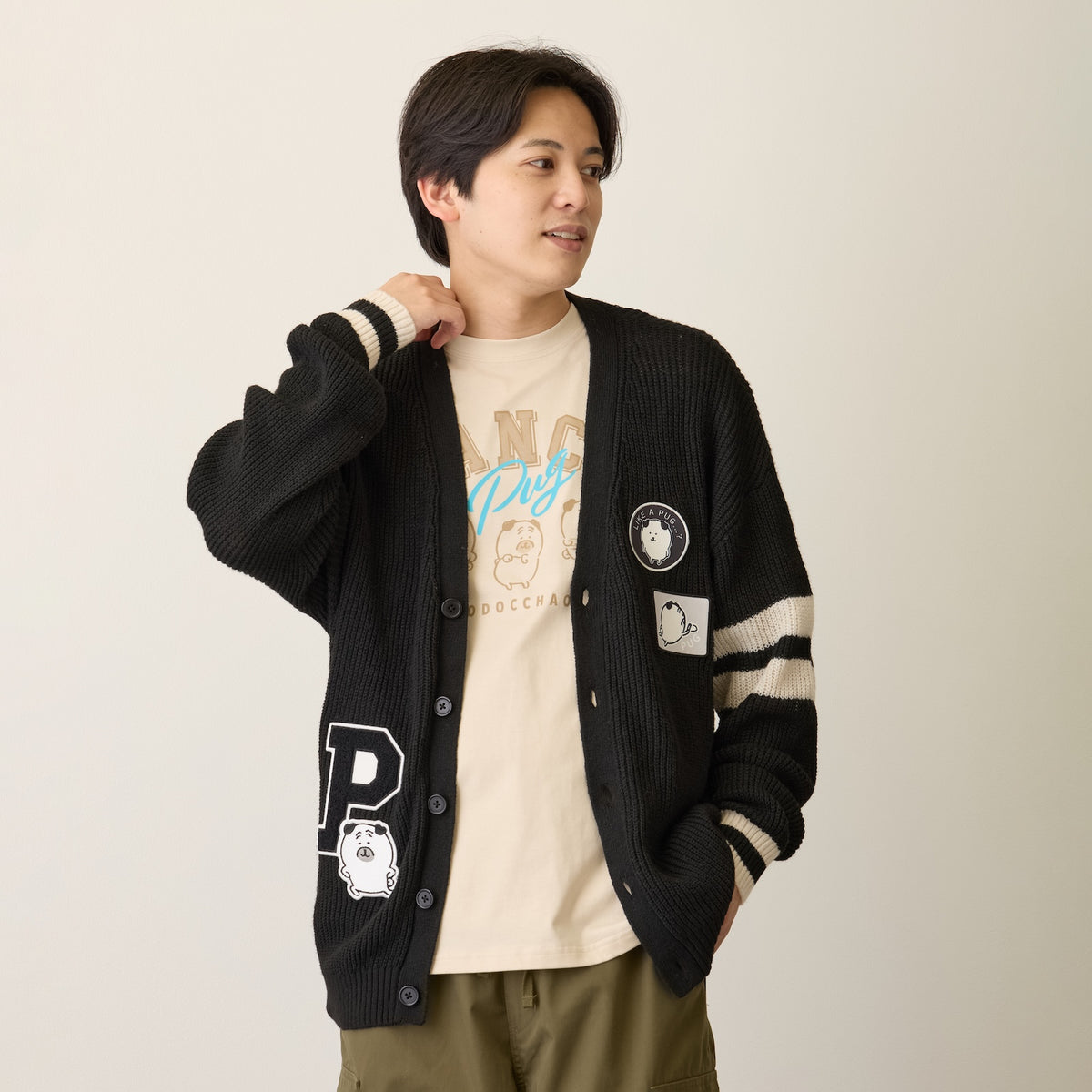 Nagano Characters 니트 가디건 컬리지 퍼그 블랙
