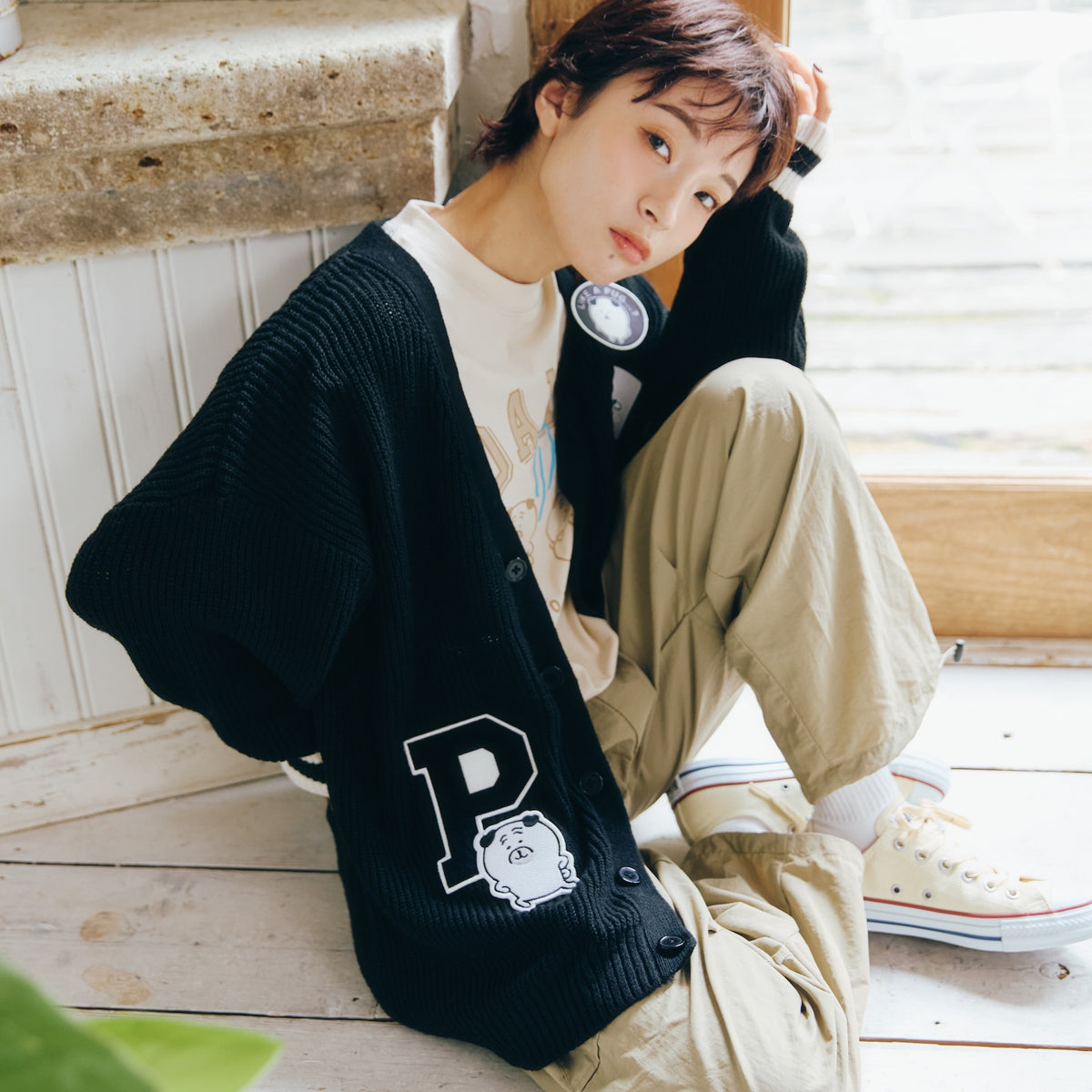 Nagano Characters 니트 가디건 컬리지 퍼그 블랙