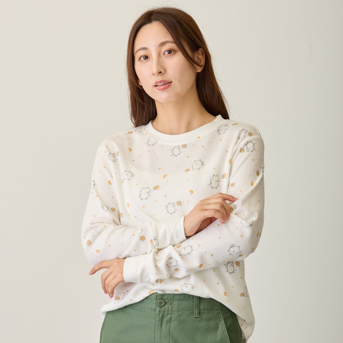 ナガノキャラクターズ ワッフル長袖Tシャツ ラムネリナイト ホワイト