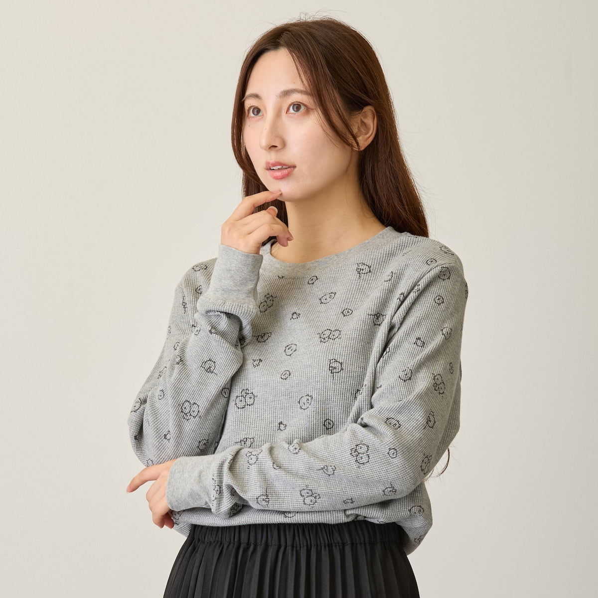 Nagano Characters Waffle Long Sleeve T-shirt "Thinking Of" Grey