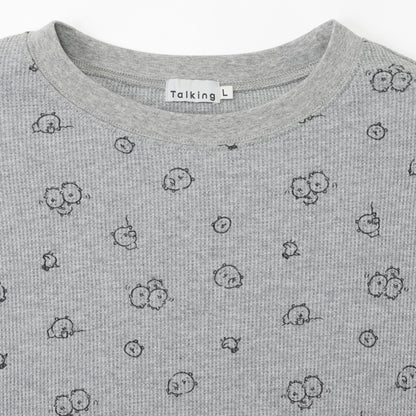 Nagano Characters Waffle Long Sleeve T-shirt "Thinking Of" Grey