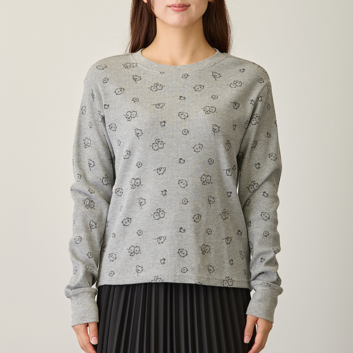 Nagano Characters Waffle Long Sleeve T-shirt "Thinking Of" Grey