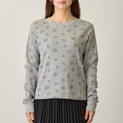 Nagano Characters Waffle Long Sleeve T-shirt "Thinking Of" Grey
