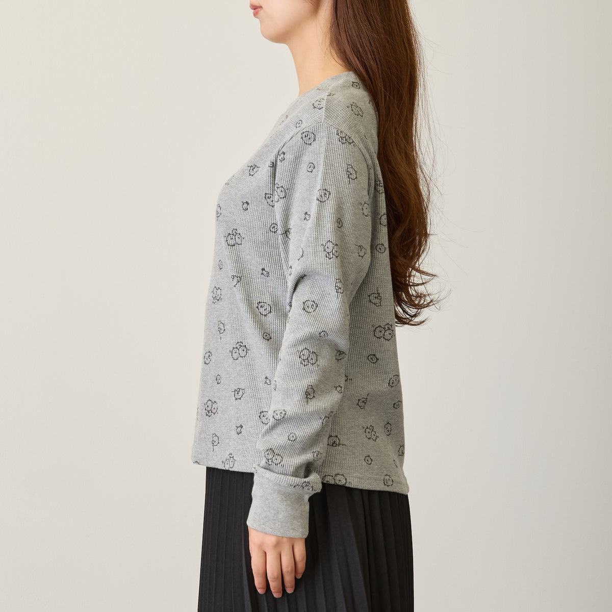Nagano Characters Waffle Long Sleeve T-shirt "Thinking Of" Grey