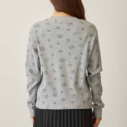 Nagano Characters Waffle Long Sleeve T-shirt "Thinking Of" Grey
