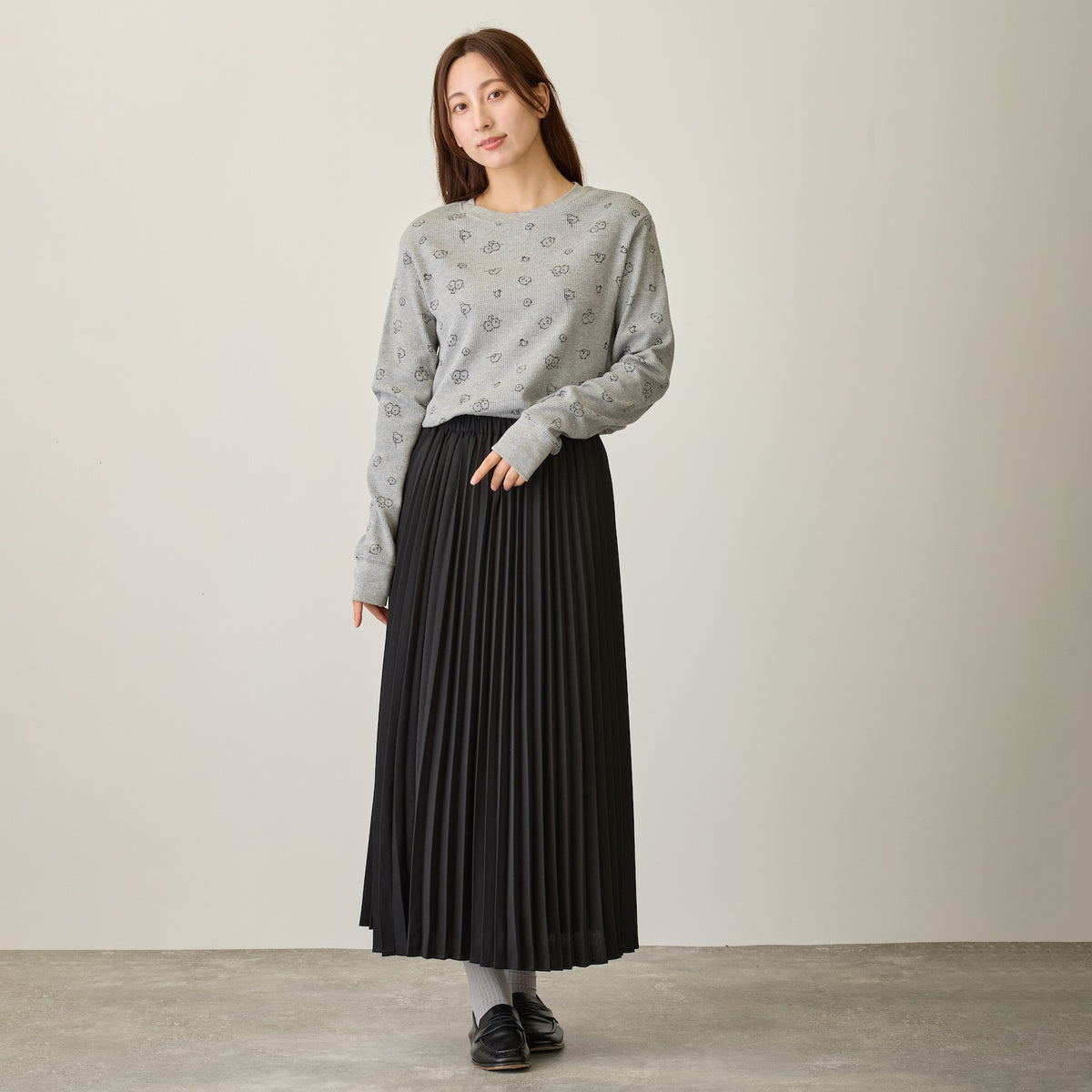 Nagano Characters Waffle Long Sleeve T-shirt "Thinking Of" Grey