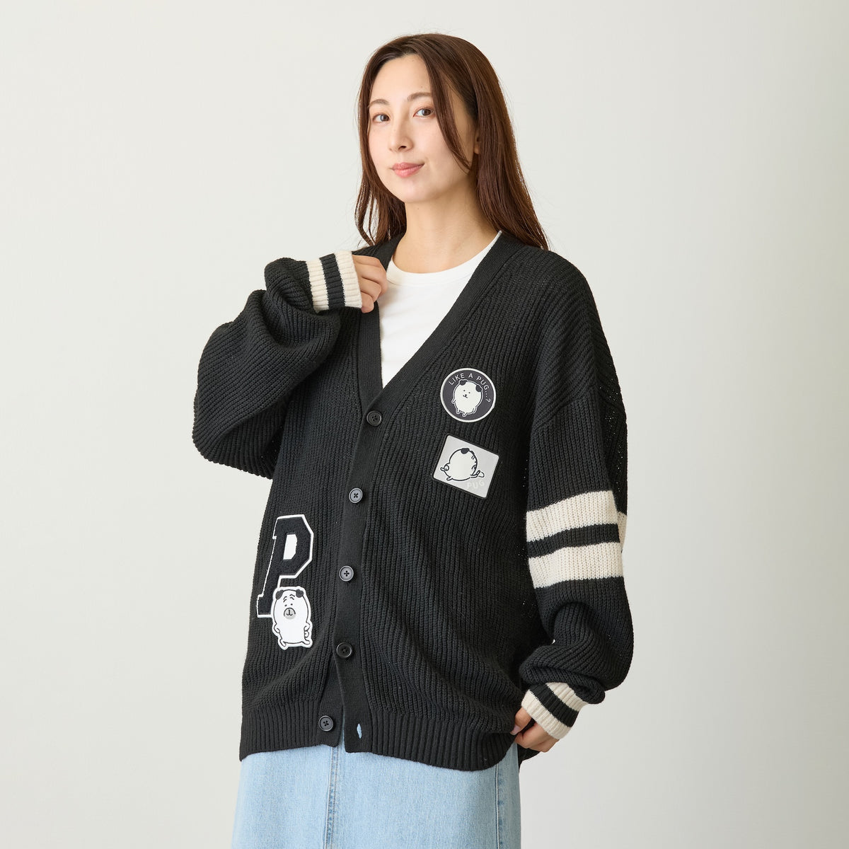 Nagano Characters 니트 가디건 컬리지 퍼그 블랙