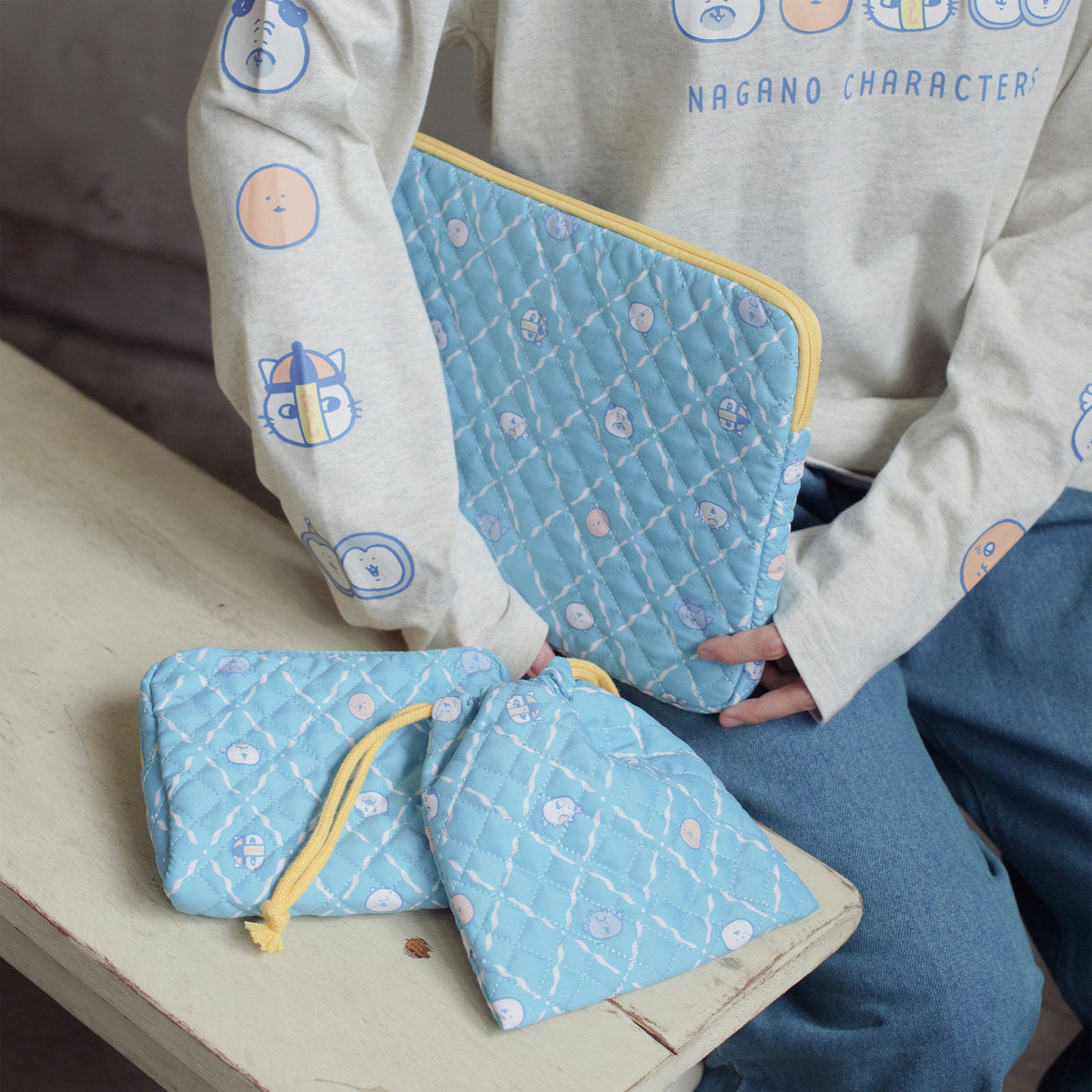 ナガノキャラクターズ 巾着 お顔ならび ブルー